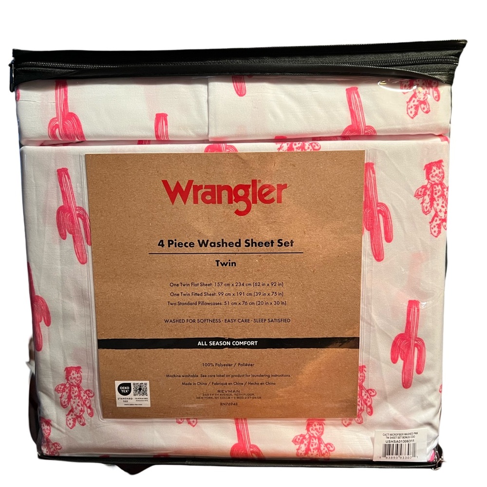 Wrangler NWT Pink & White Cactus Theme 4 Piece Twin Washed Sheet Set - Picture 2 of 7